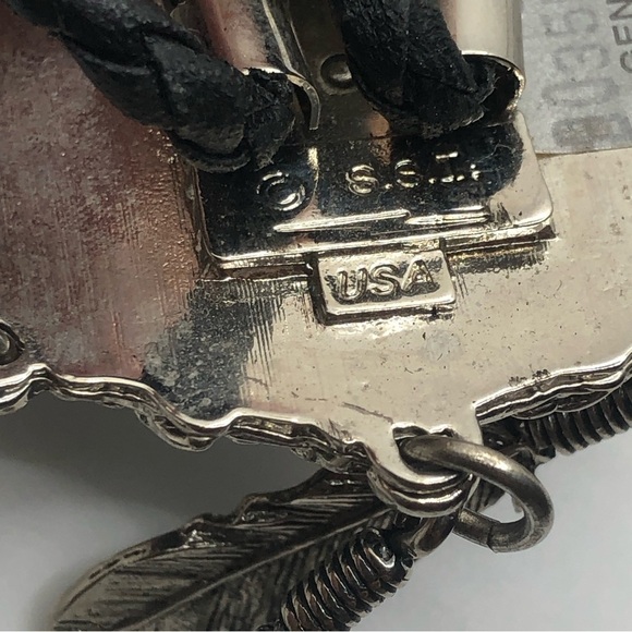 Ssi USA Turquoise & Pewter Bull Skull Pewter Bolo w Feathers 29” + 4” Pendant - Picture 5 of 9